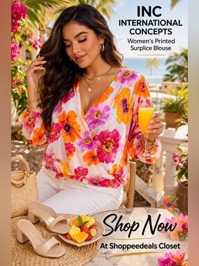INC International Concepts Floral Surplice Blouse Women’s Pink Orange Print